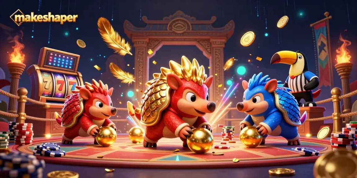 Engaging makeshaper scene with rival pangolins bowling through poker chips in a vibrant casino setting.