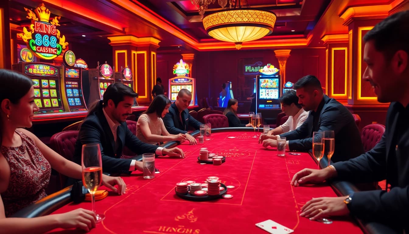 Players enjoying a thrilling King88 poker game at a luxurious casino table with vibrant decor.