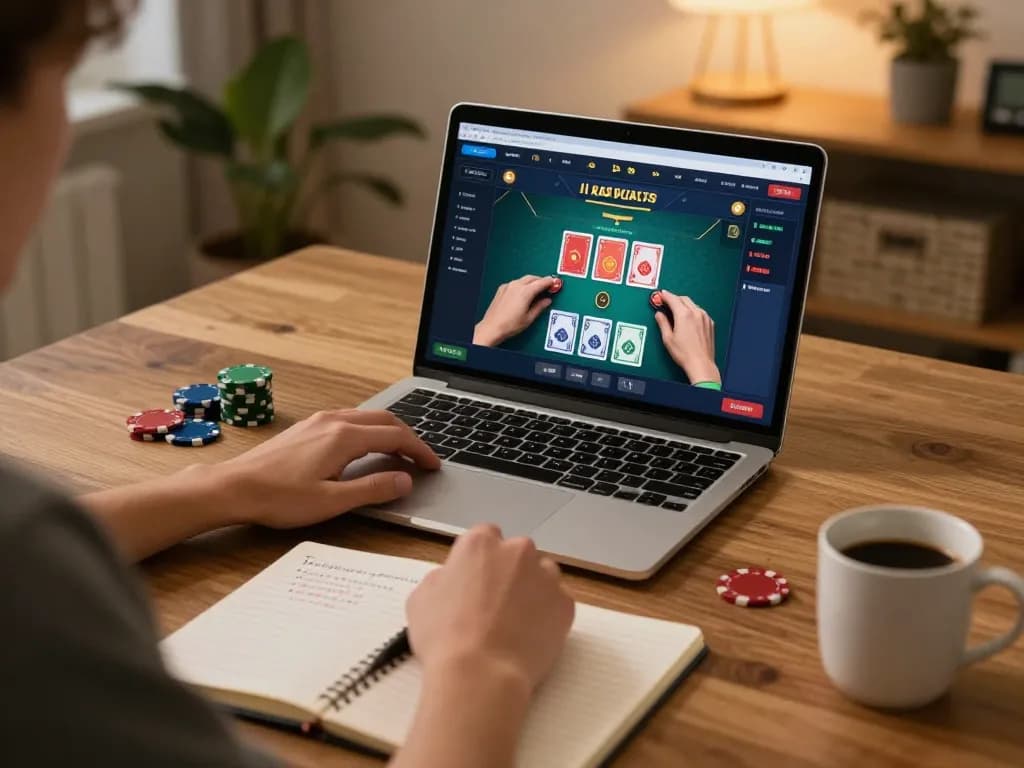 Pemain Bintangmpo terlibat dalam poker online, terbenam dalam strategi dan permainan dengan pengaturan kantor rumah yang nyaman.
