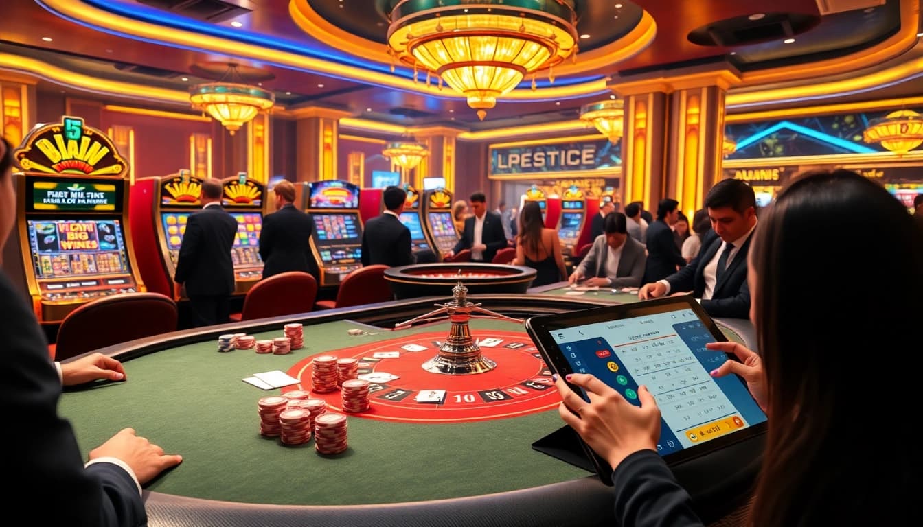 Situs11 online gaming scene with poker table, vibrant slot machines, and enthusiastic players.