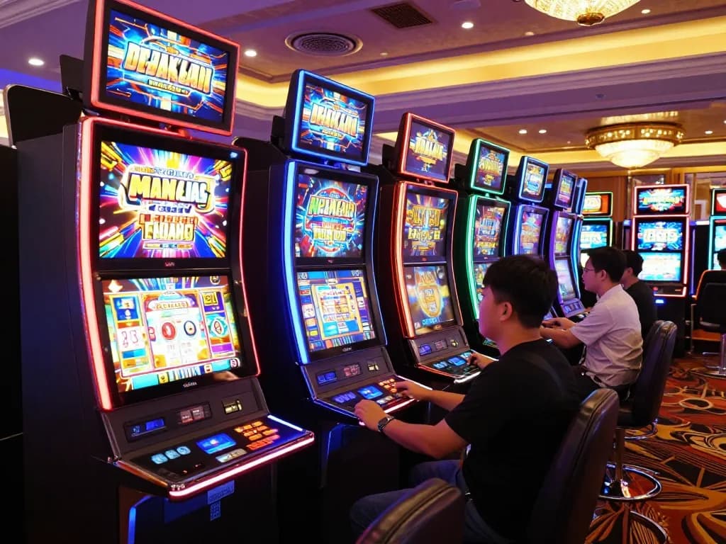 Players enjoying vibrant situs slot machines with engaging sounds and colorful displays.