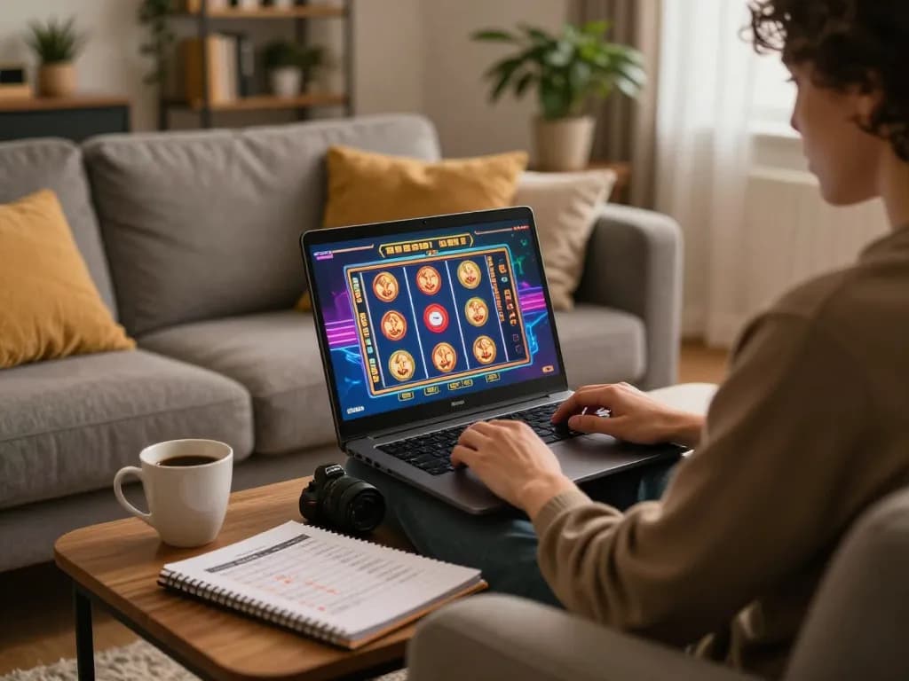 Engaging with dash88 app on laptop for online gaming with betting notes in cozy home.