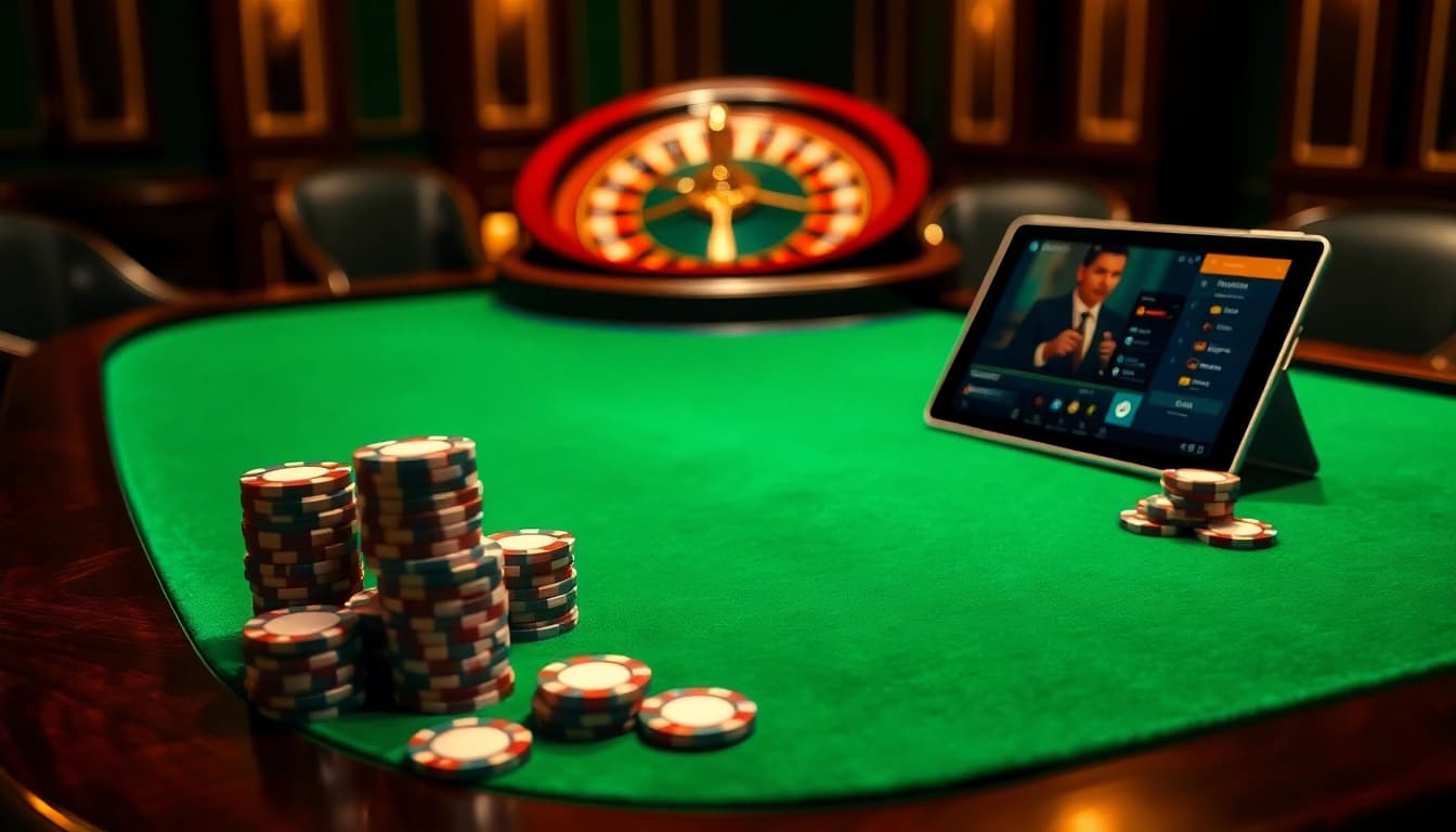 Experience thrilling poker action at shbet's luxurious casino table setting, with chips and roulette.