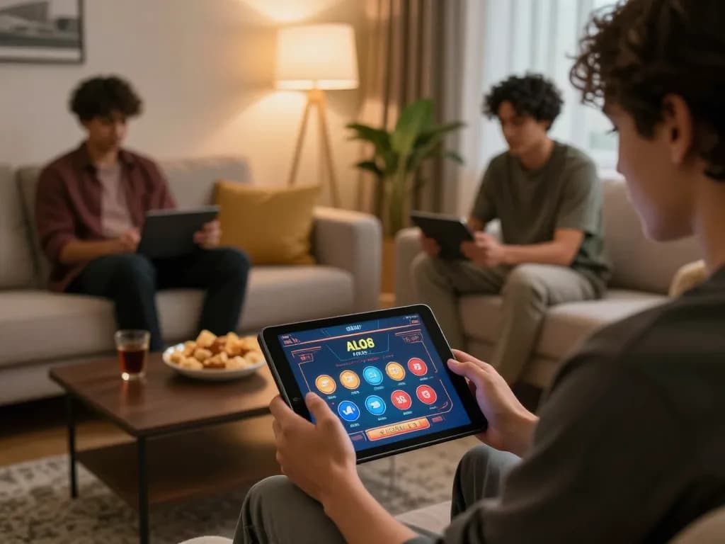 Engaged player using ALO8 casino app for online gaming on tablet in a cozy environment.
