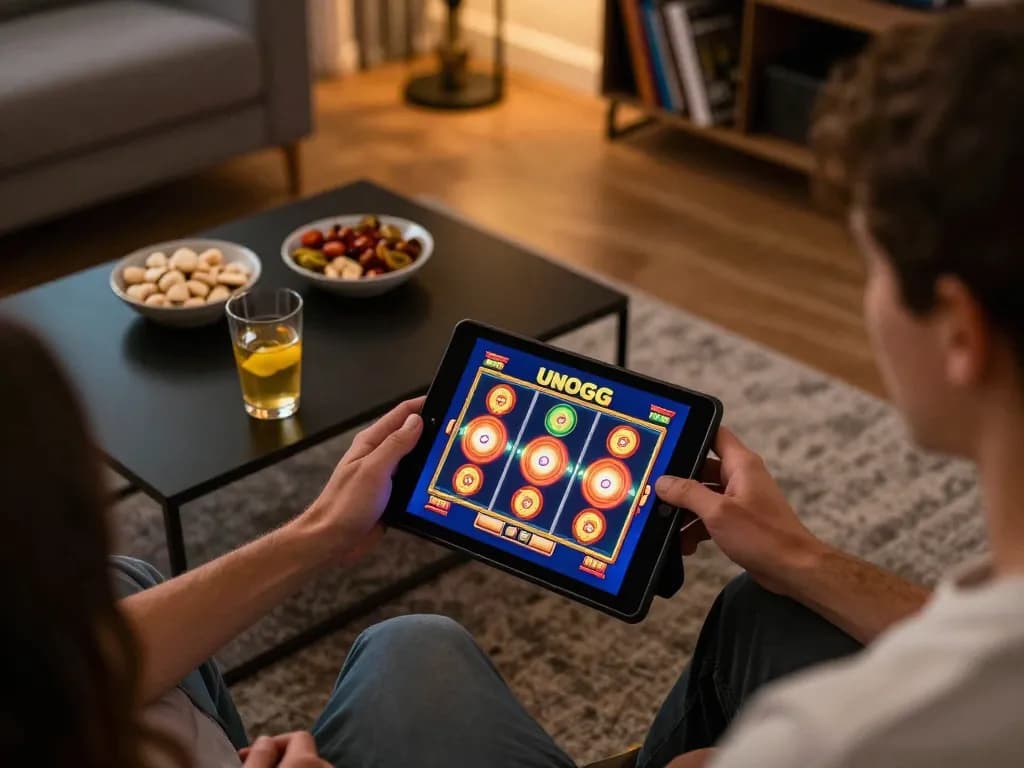 Engaging gameplay on unogg slot game displayed on tablet in a cozy home setting.
