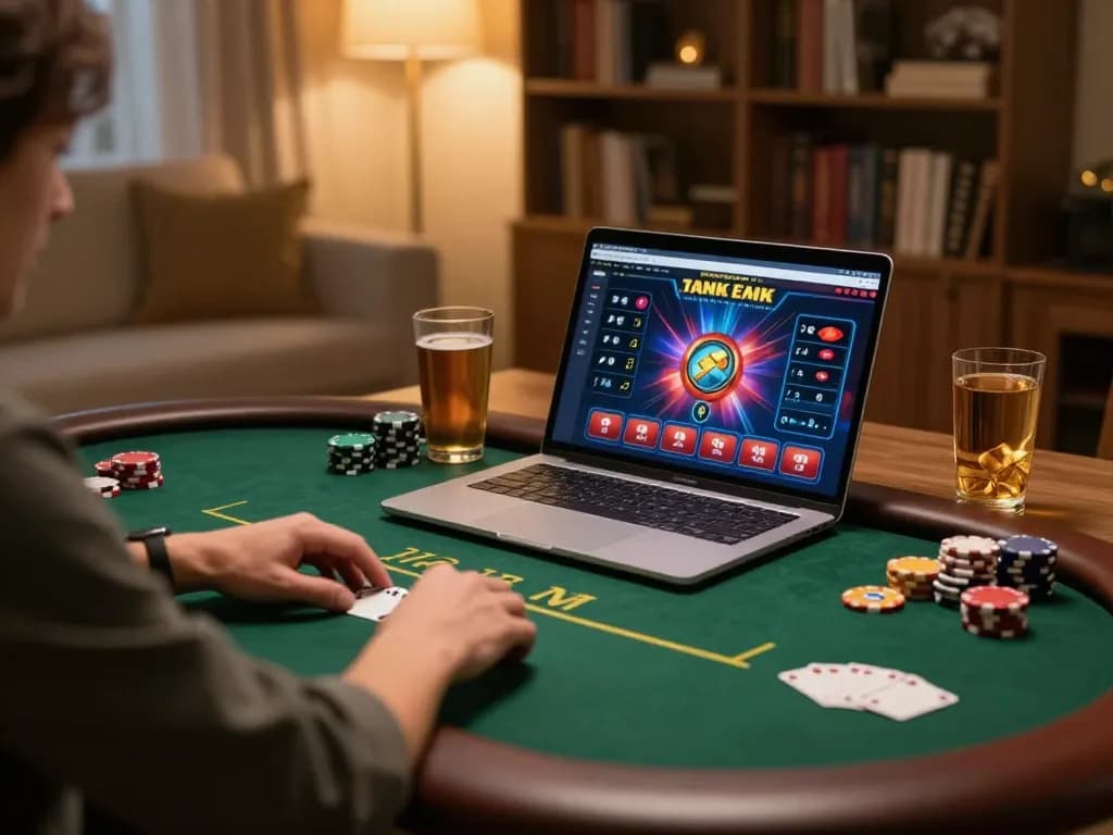 Person playing poker on LV88 online casino at home, surrounded by snacks and a warm atmosphere
