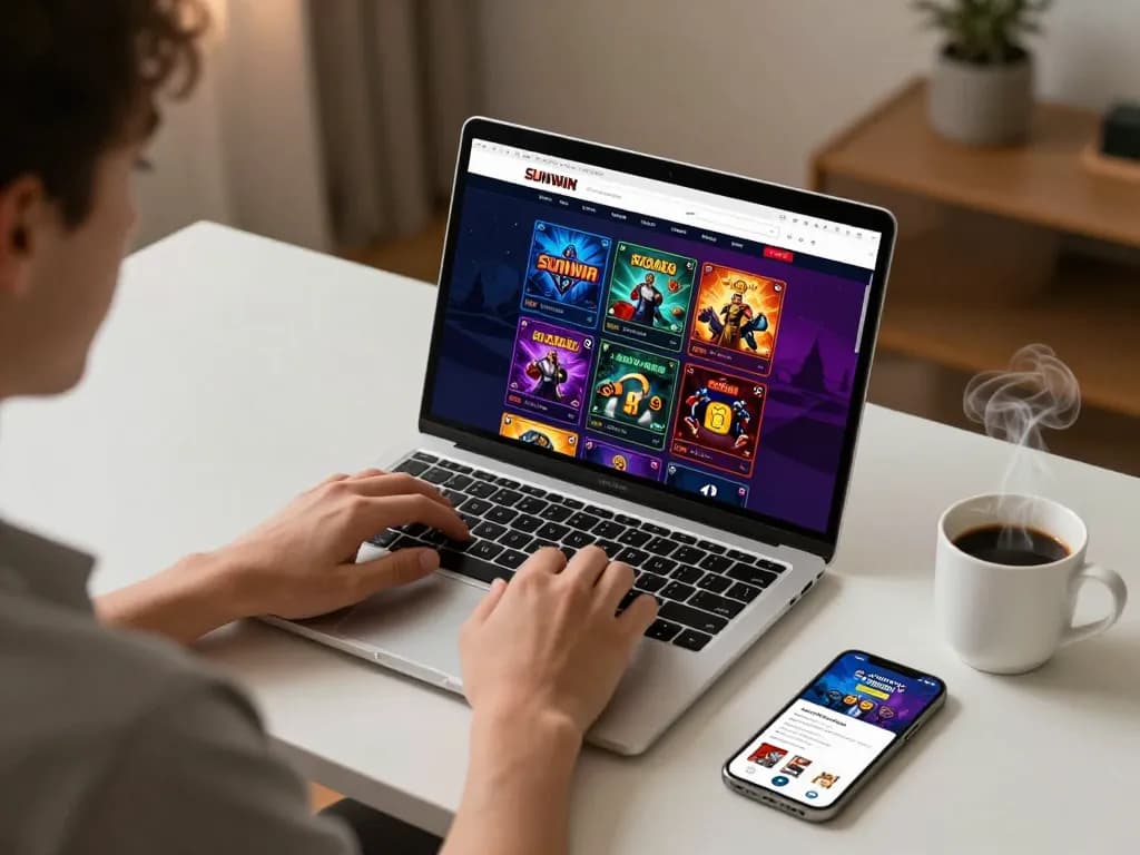 SUNWIN user engaging in online gambling on laptop at home with a vibrant casino interface.