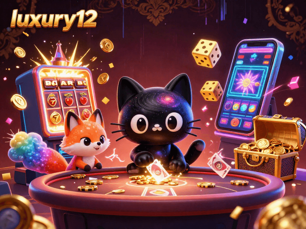Menangkan permainan slot dengan luxury12 di meja kasino yang dikelilingi kucing lubang hitam 3D.