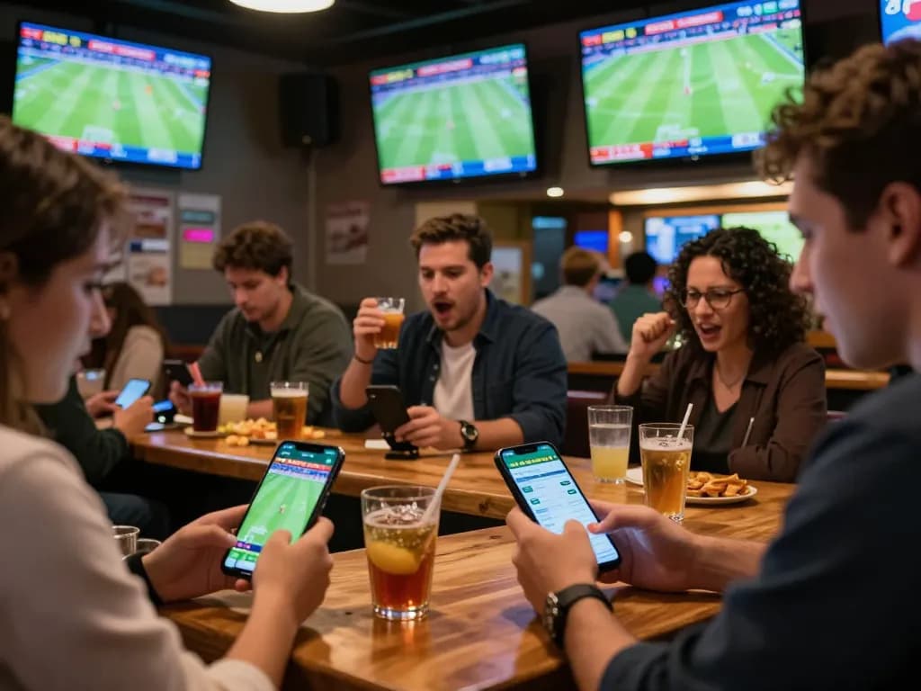 Engaged sports bettors checking kèo nhà cái hôm nay on their smartphones in a vibrant sports bar setting