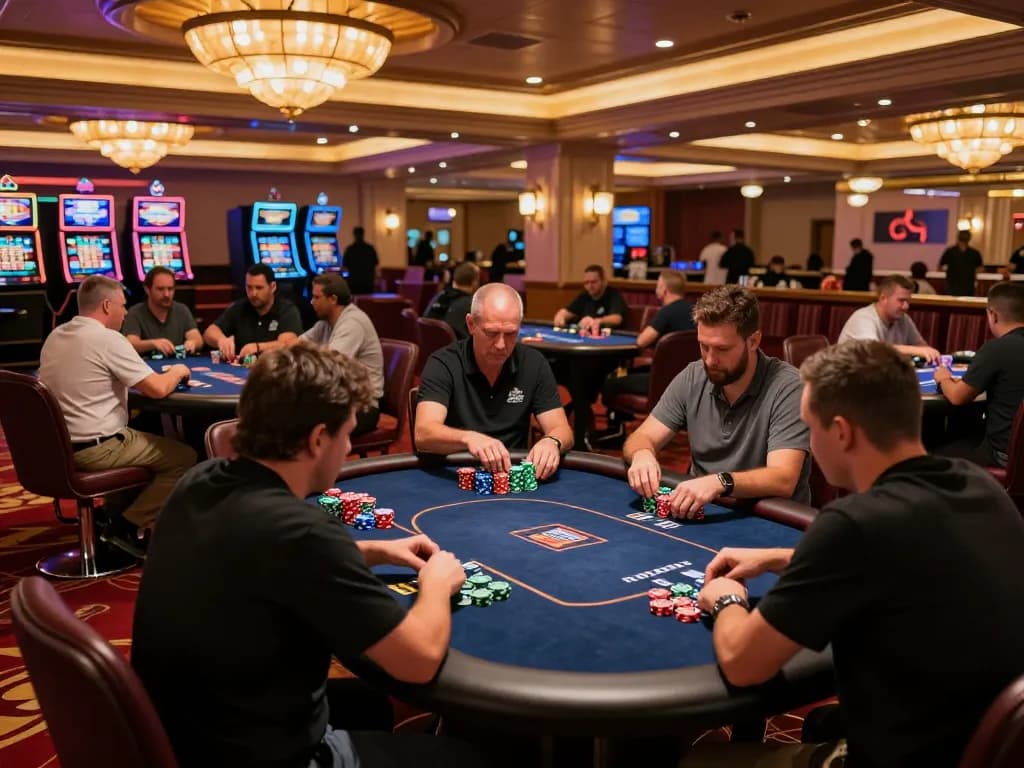 Action-packed poker gameplay at Las Vegas casino featuring players strategizing at the table, amigogrillandco atmosphere.