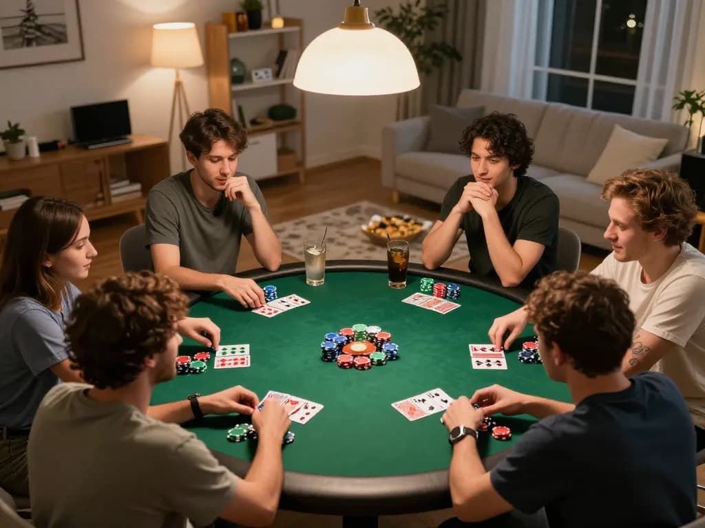 Friends enjoying poker night strategy at ho88 with vibrant chips and cards set