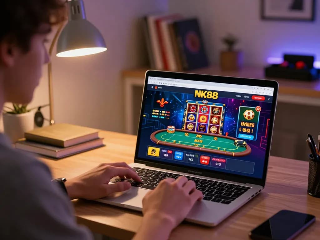Player engaging with NK88 online casino app in a cozy gaming setup
