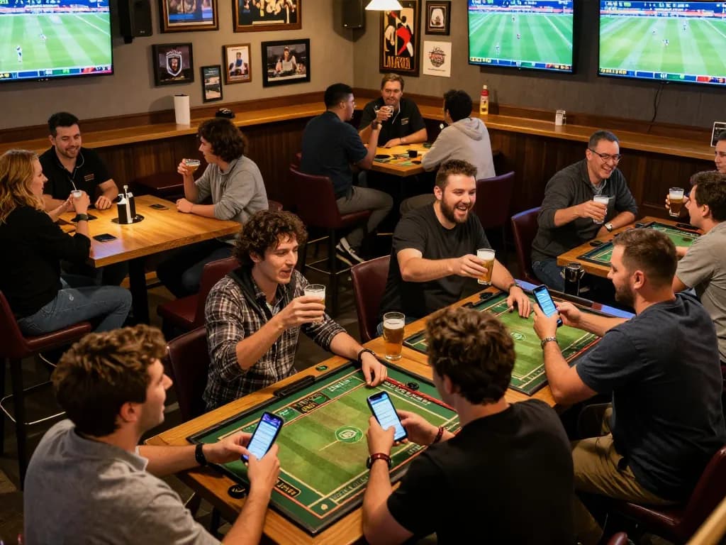 Exciting sports betting atmosphere with bem88 patrons using mobile devices in a lively bar setting