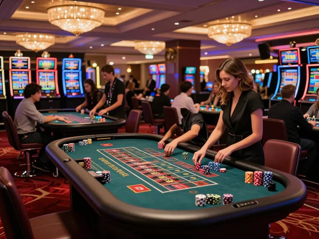 Experience the excitement of 79club with players engaged at luxury roulette tables in a vibrant casino environment.