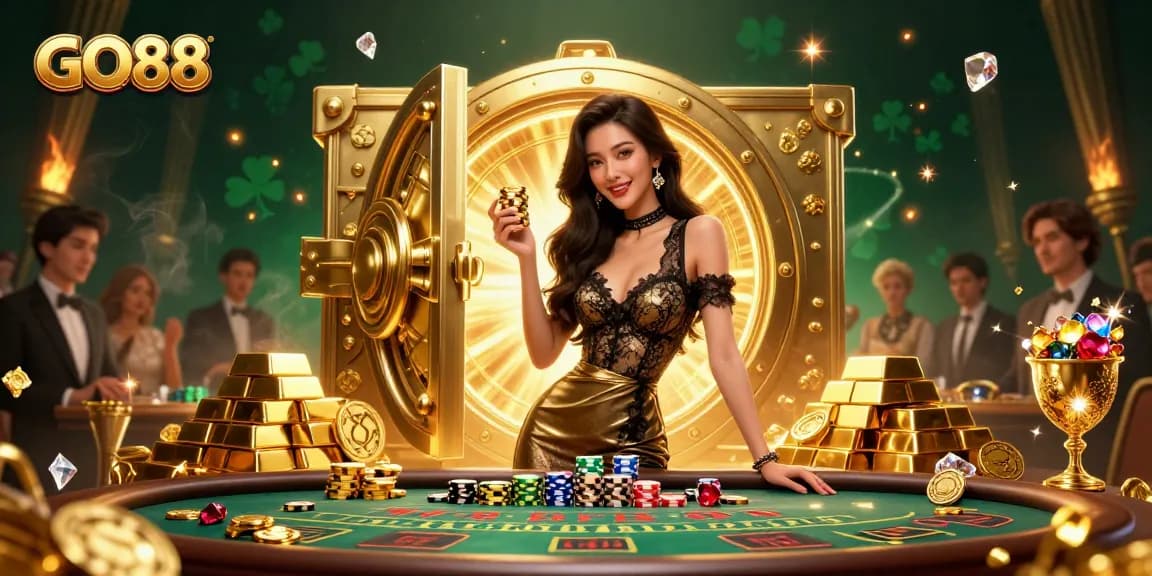 Play at GO88 with a glamorous setup showcasing high-stakes gambling and luxurious casino elements.
