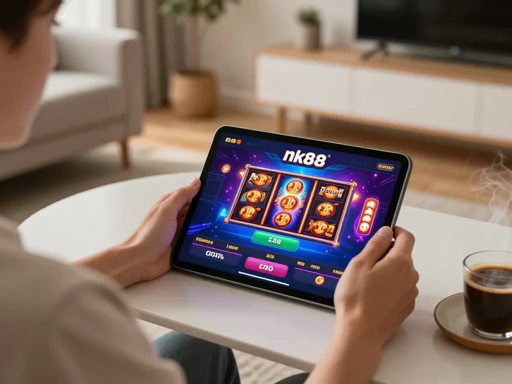 Engaging with the nk88 casino app on a tablet in a cozy home environment