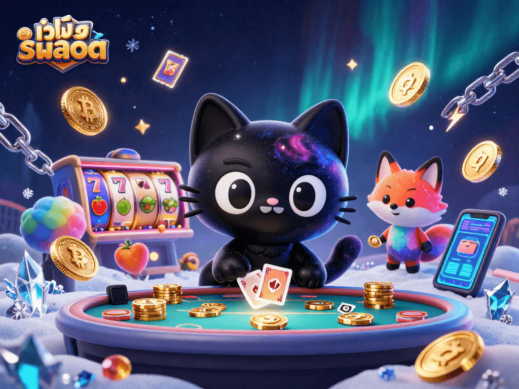 Experience the excitement of เว็บสล็อต as a cosmic cat pulls in golden wins at a vibrant casino.