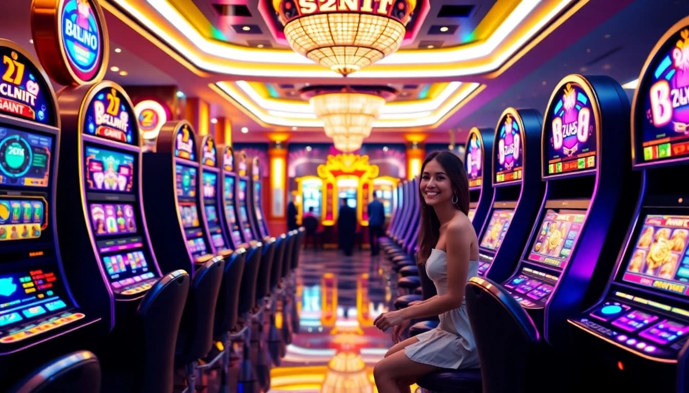 Pemain yang bersemangat menikmati pengalaman slot yang mendebarkan di lingkungan kasino mewah.