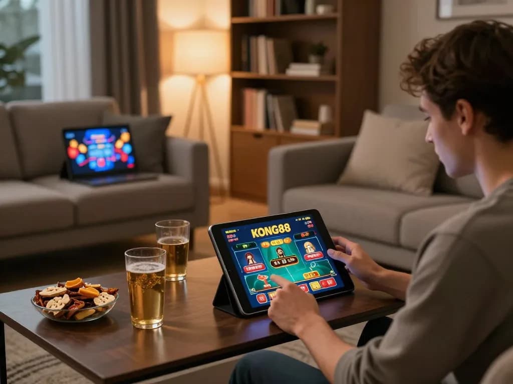 KONG88 online casino gameplay in a cozy living room setting showcasing modern gaming
