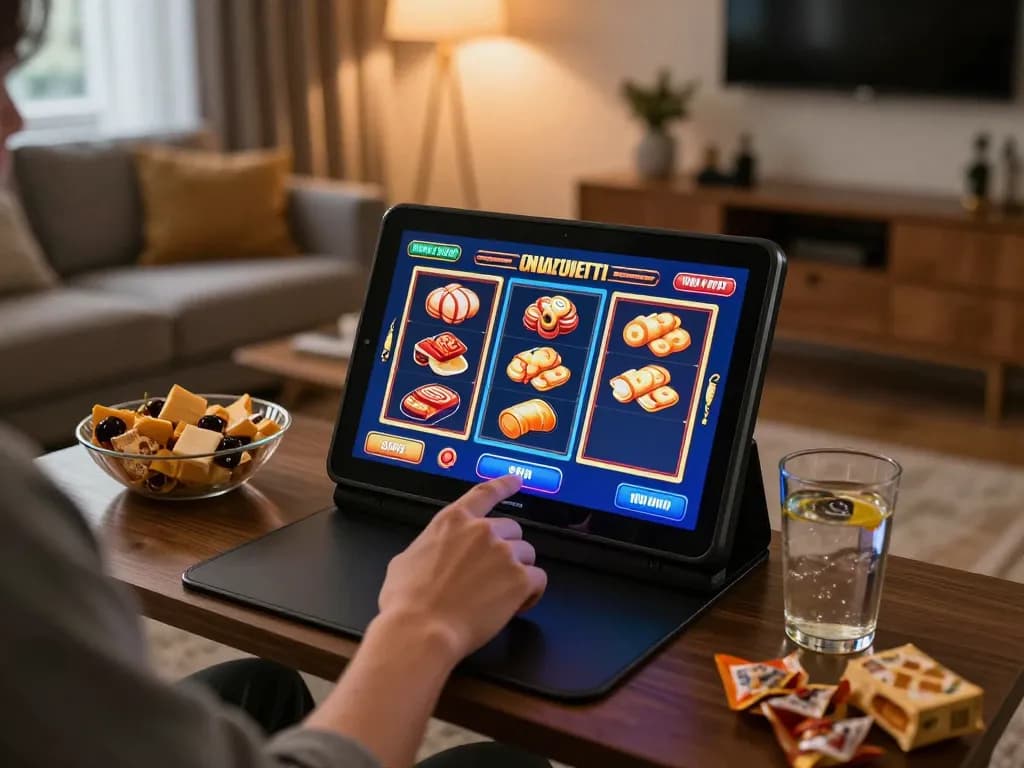 Permainan slot Pandawin di tablet di ruang tamu yang nyaman, menampilkan grafik 3D dan pengalaman yang menarik