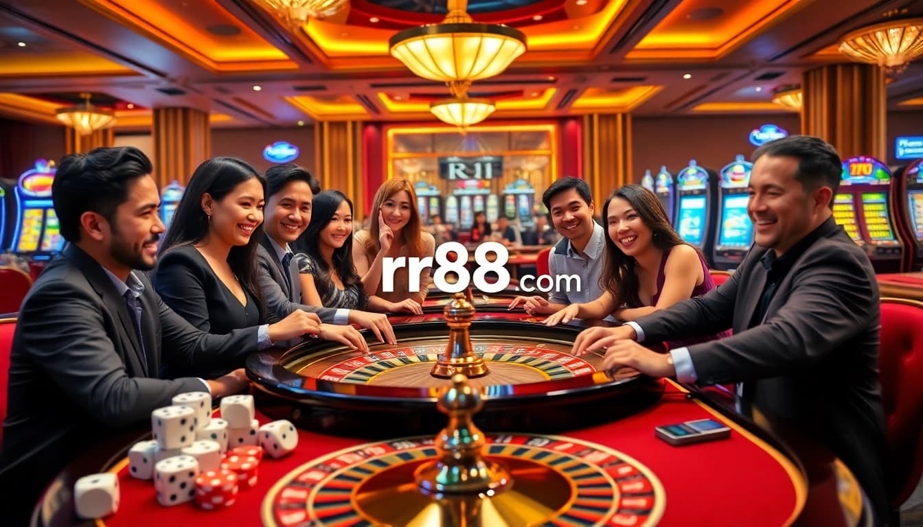 Players enjoying a thrilling roulette game at rr88.com casino, showcasing excitement and luxury.