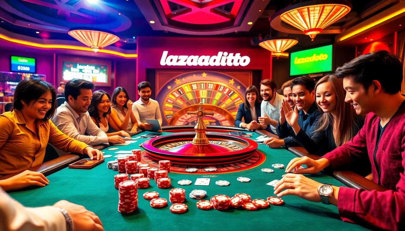 Lazadatoto poker players engaged in a high-stakes game at a luxurious casino.