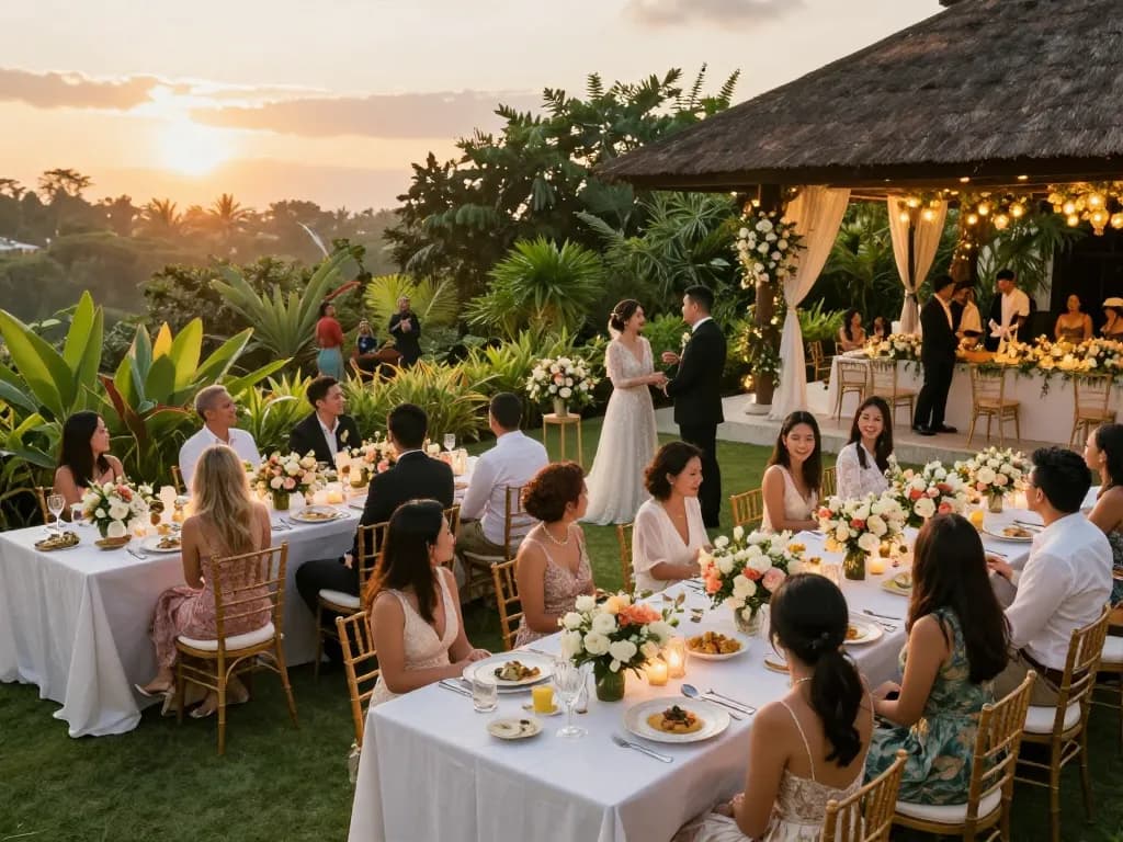 Bali Botanica wedding celebration featuring a romantic outdoor venue with elegant decor and guests enjoying the ambiance.