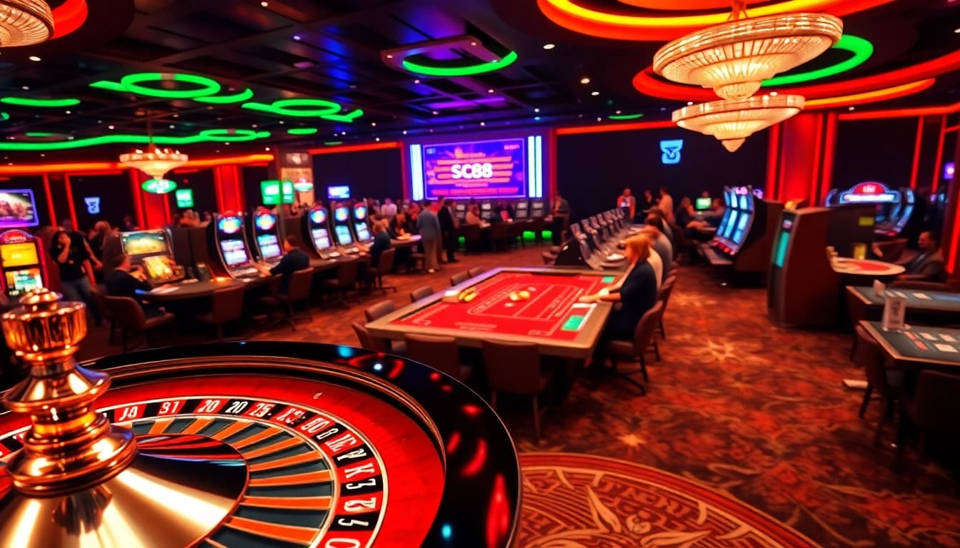 Experience the thrilling atmosphere of SC88 with players at the poker tables and roulette wheels.