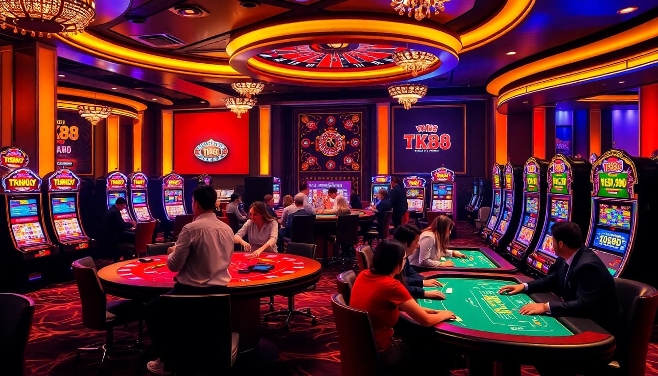Players enjoying poker and roulette at the lively TK88 casino atmosphere.