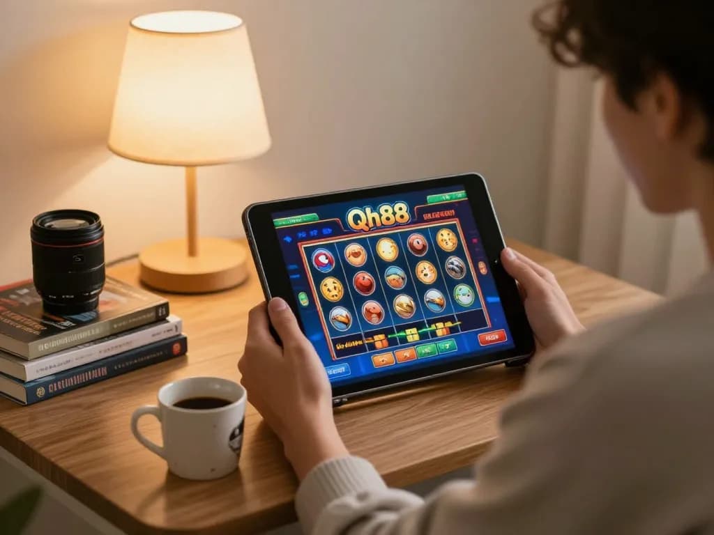 Person engaging in Qh88 online slot gameplay at home, demonstrating responsible gaming habits.