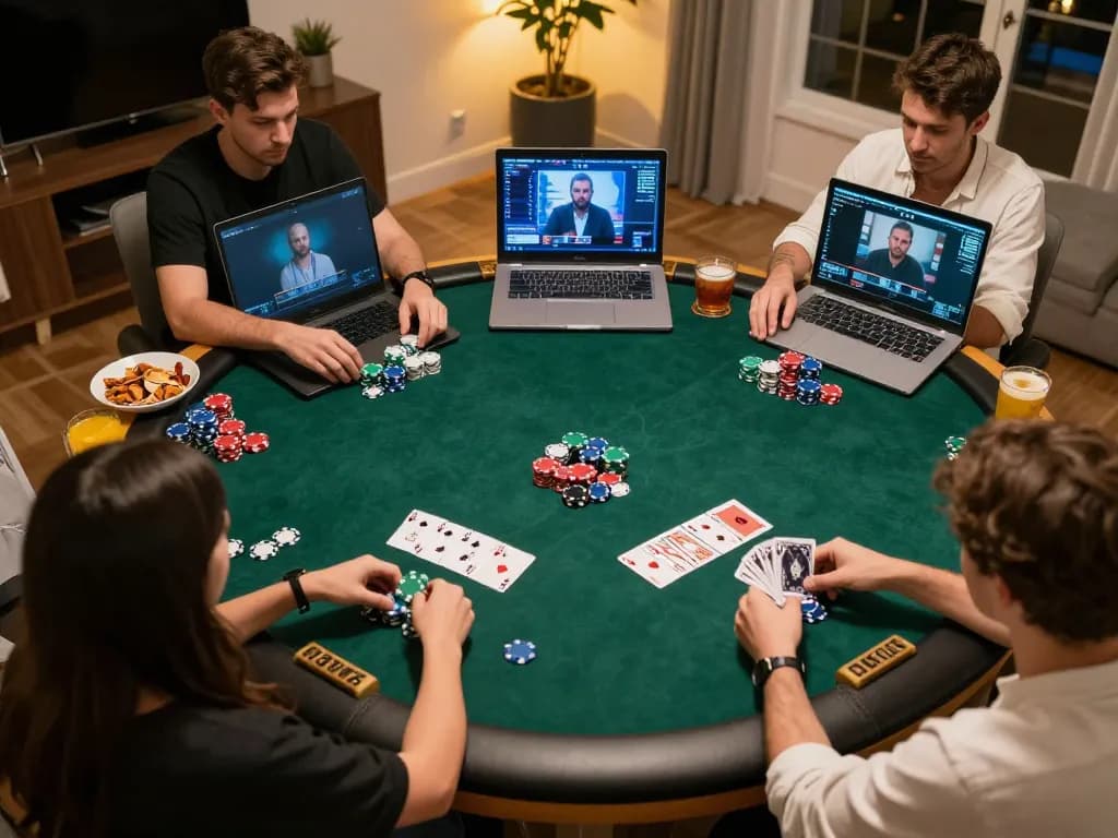 Players engaging in an exciting online poker game with nhà cái 888NEW, showcasing colorful chips and cards in a cozy home setting.
