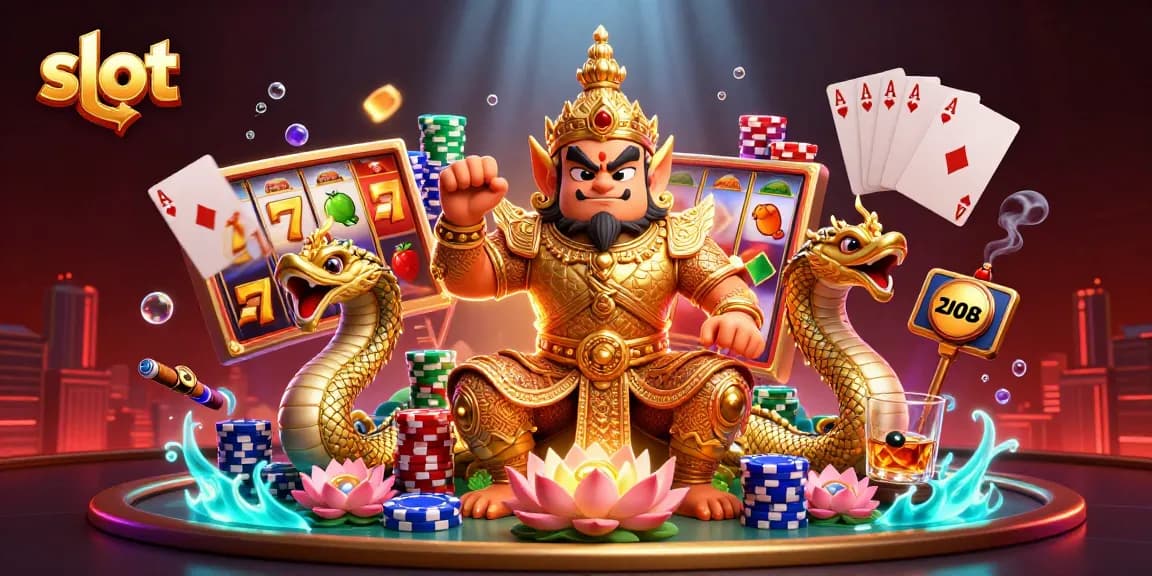 Slot dengan simbol keberuntungan dan pemandangan kasino yang penuh warna.