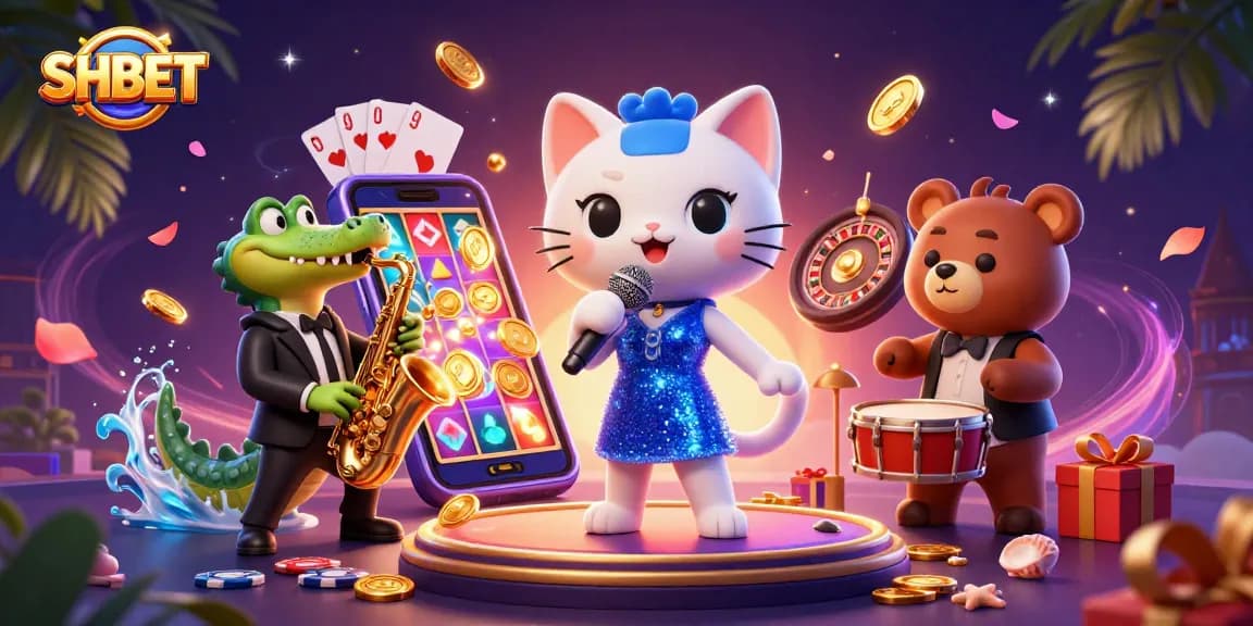 Engage with SHBET in a vibrant casino scene adorned with jazz characters, slot games, and rich casino elements.