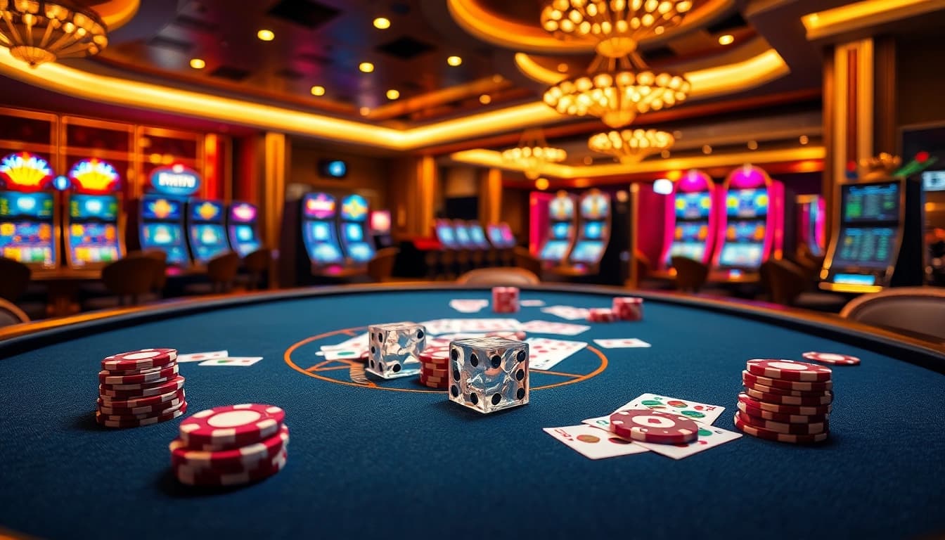 Players enjoying an exciting game at Rikvip's luxurious casino table with vibrant poker chips and cards.
