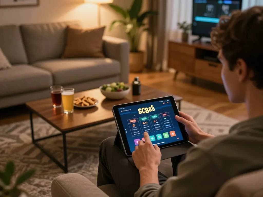 Engaging with SC88 Plus app for online gaming in a cozy home setup with snacks and warm lighting