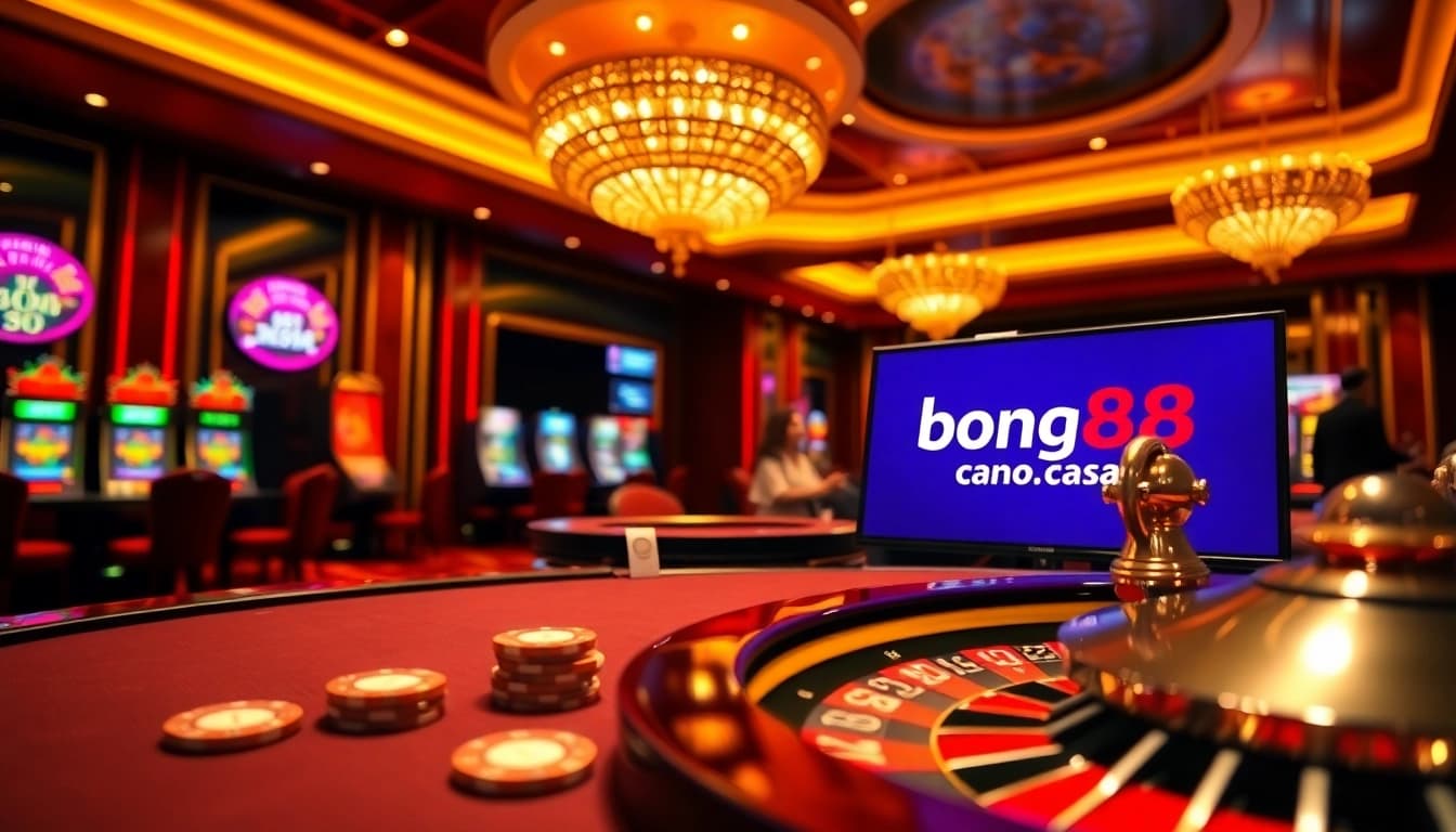 Players enjoying exciting games at bong88.casa, surrounded by colorful casino elements.