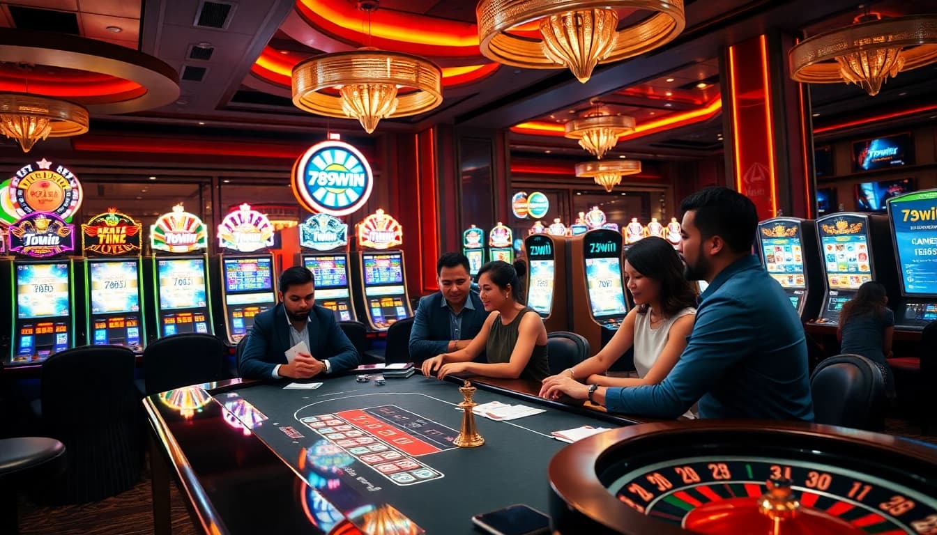 Experience the excitement of the app 789win at a lively casino table filled with poker chips and players.