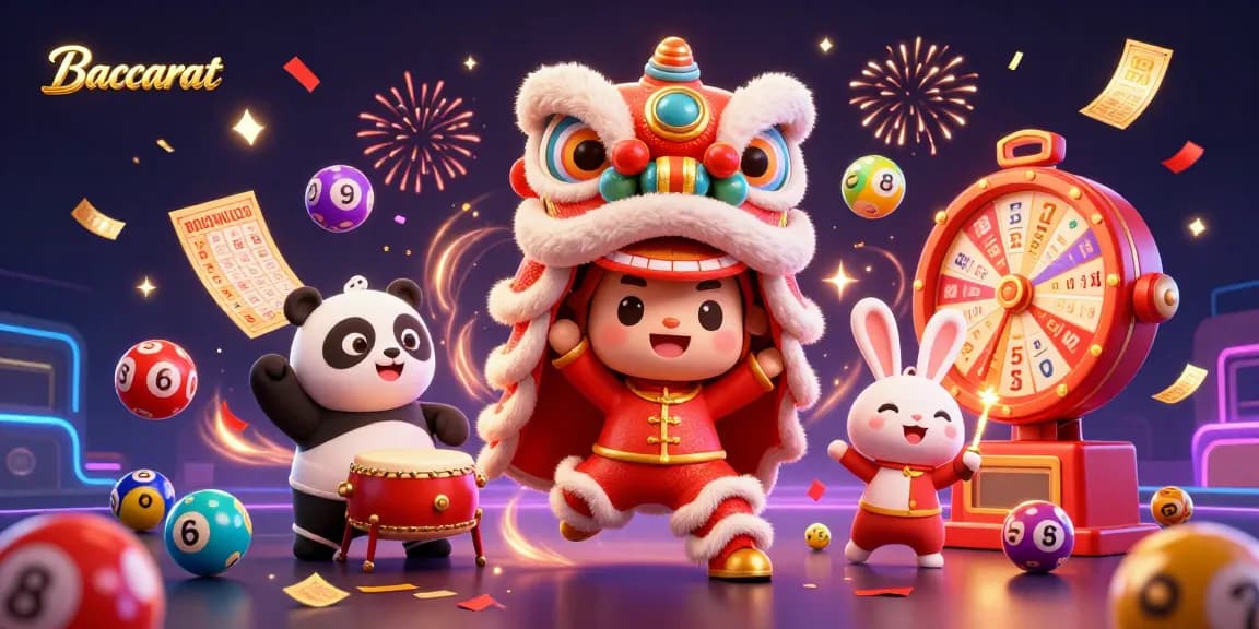 Engaging Baccarat scene with a lion dance, drumming panda, and colorful lottery elements bursting with energy.