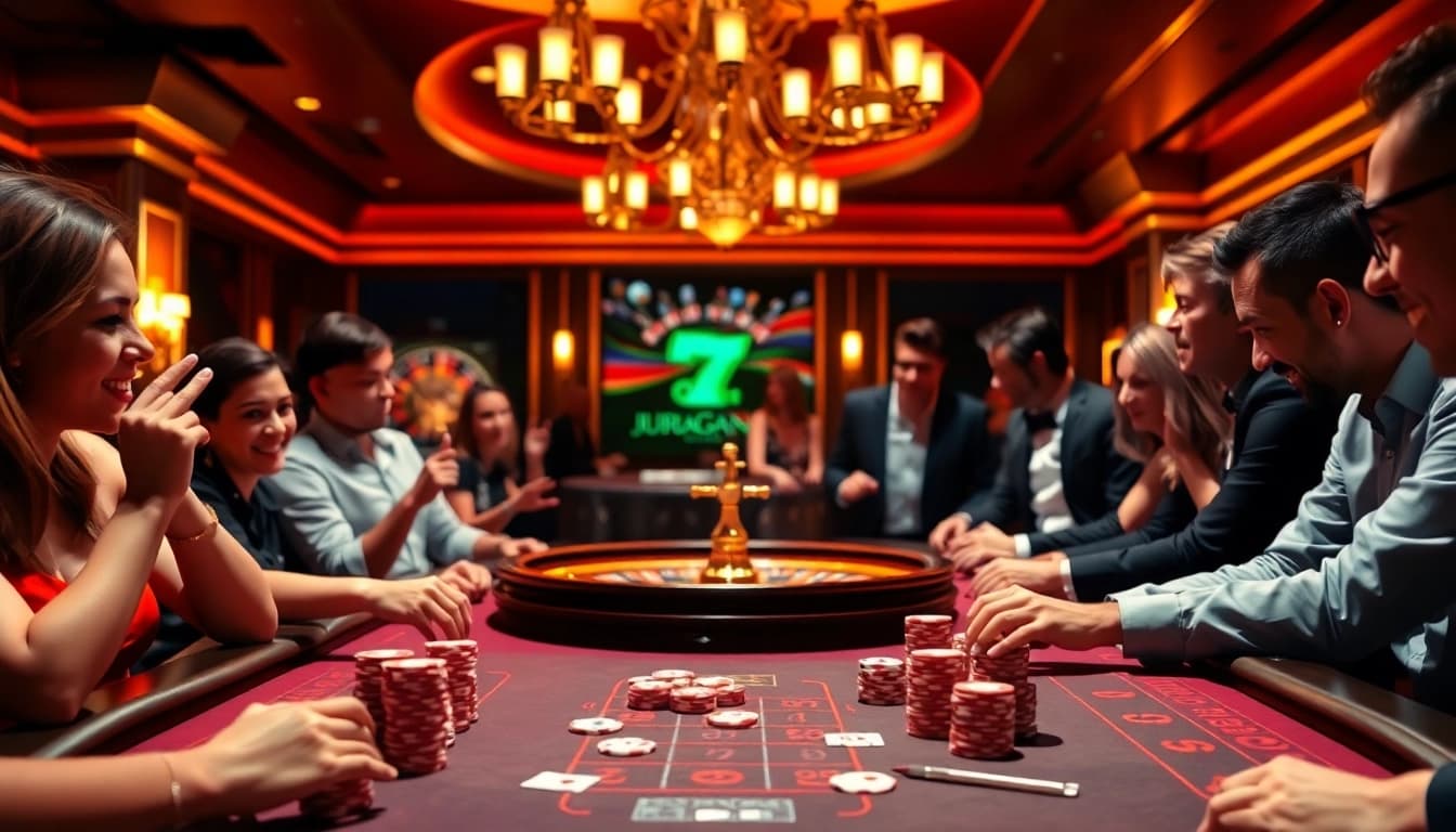 Exciting poker action at a casino with juragan77 branding, showcasing chips and cards.