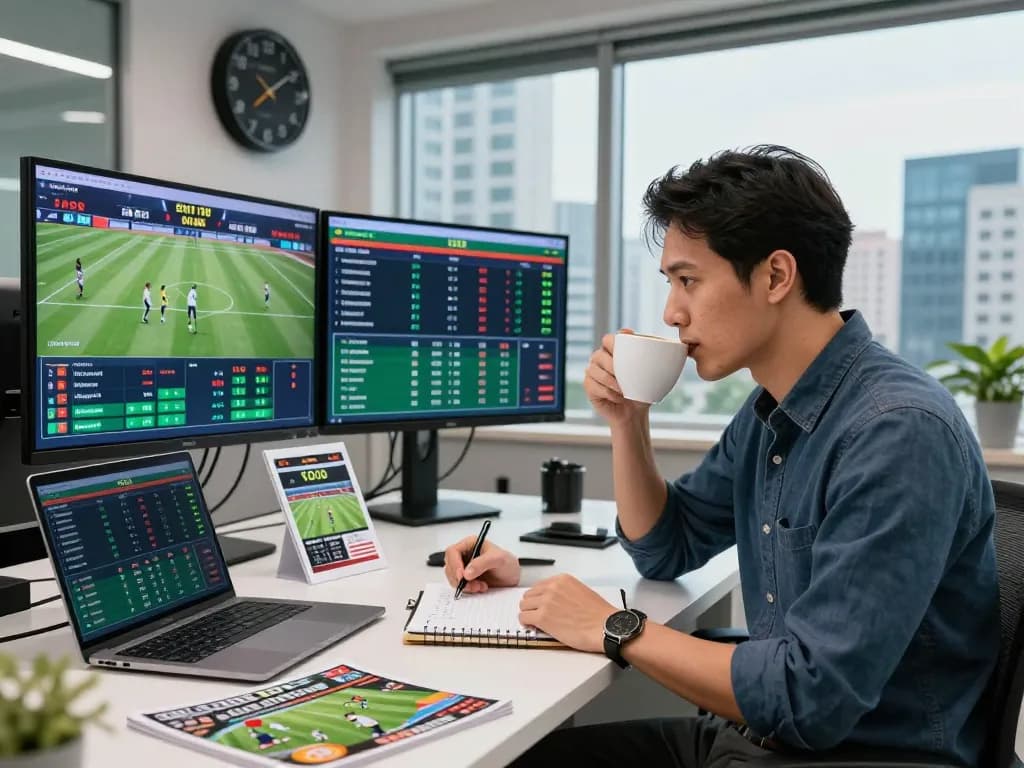 Analyzing kèo nhà cái bóng đá in a modern sports betting office with live updates.