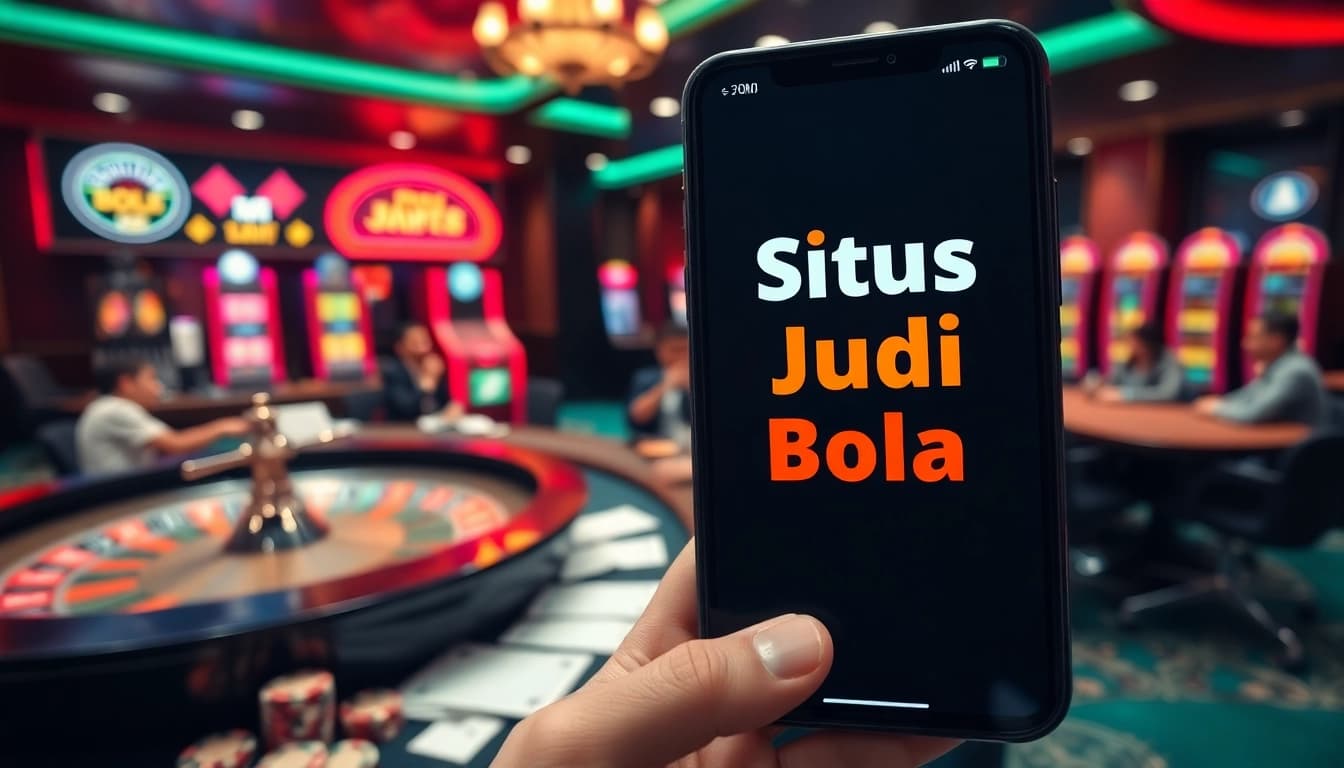 Situs Judi Bola showcasing a lively sports betting atmosphere with poker chips and betting slips.