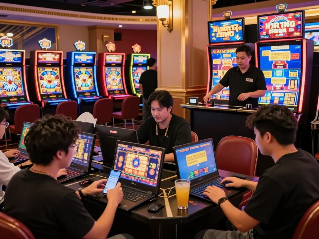 Players enjoying online games at https://luckywin.free/ in a vibrant casino atmosphere.