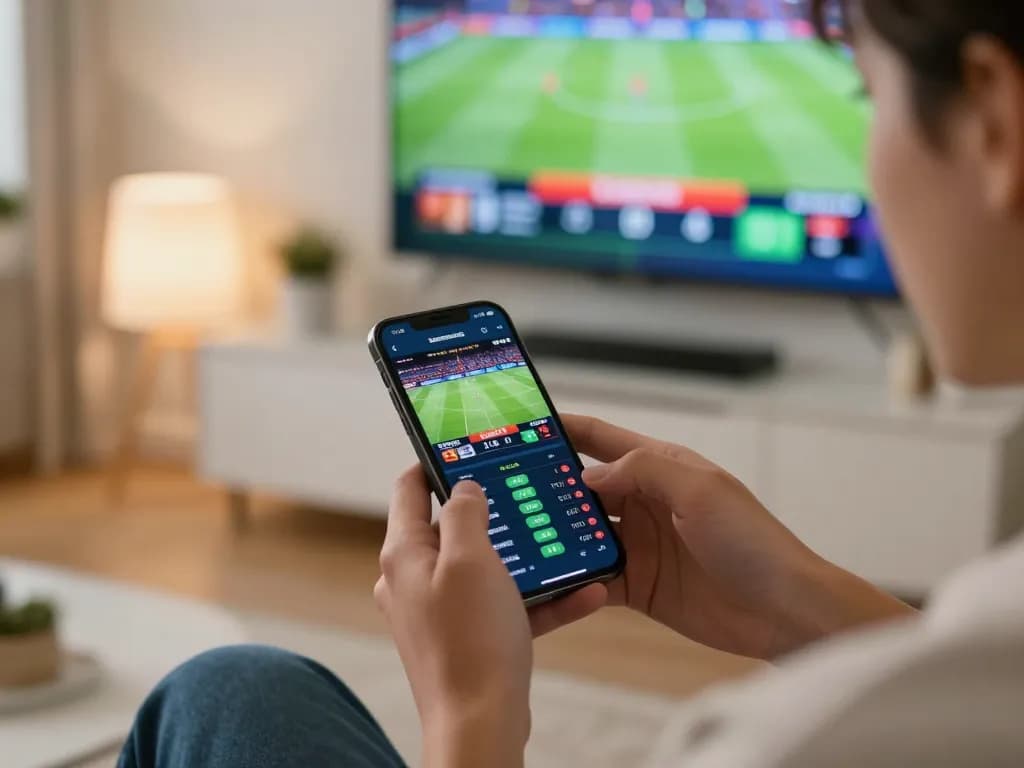 Person engaging with sports betting app on smartphone, representing nhacaiuytin in an inviting home setting