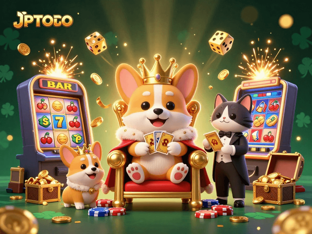 Engage with JPTOTO's vibrant casino scene featuring a royal corgi champion, prize-winning slot machines, and dynamic dice play.