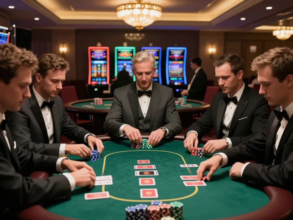 F168 poker table with players engaged in high-stakes game under warm chandelier lighting.