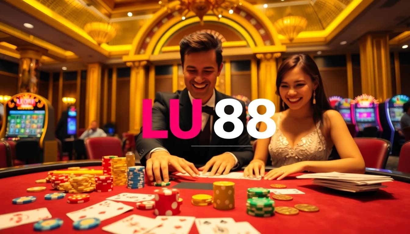 Experience the excitement of LU 88 at a luxurious casino table with vibrant chips and cards.