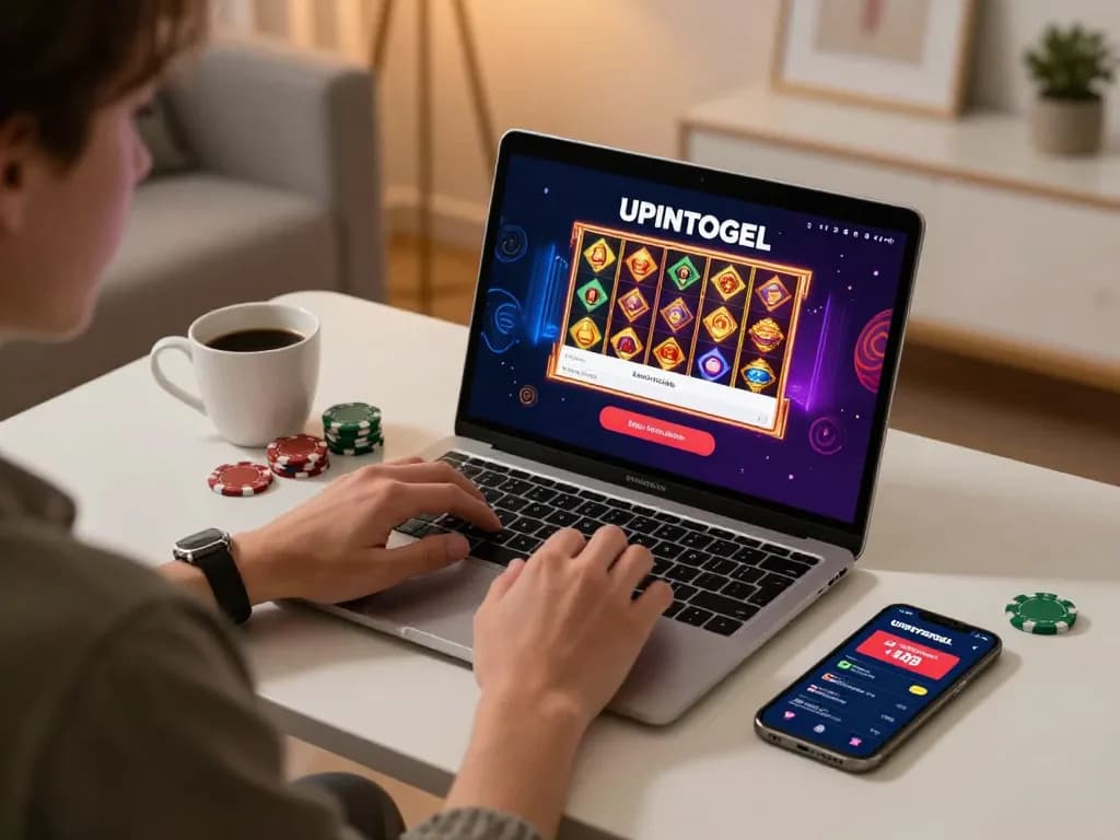Experience responsible gaming with UPINTOGEL login on stylish laptop while engaging with vibrant casino action.
