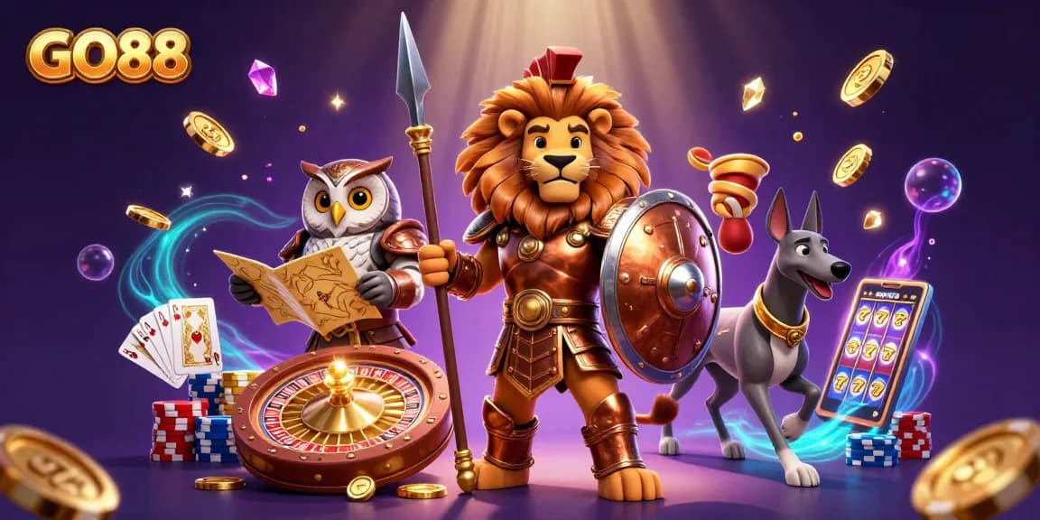Engage with GO88’s thrilling gaming experience featuring a Spartan lion and dynamic casino elements.
