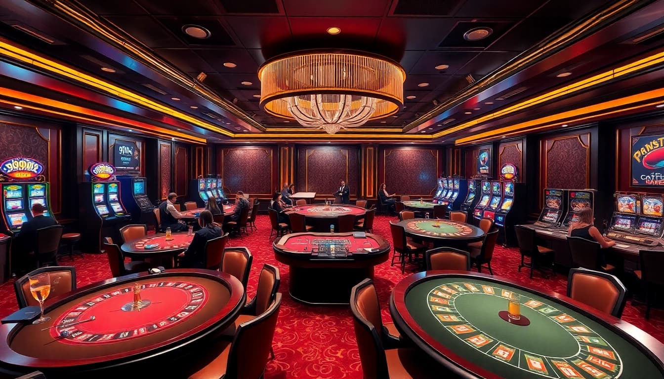 A lively gambling scene featuring the excitement of 99ok online casino games with elegant tables and players.