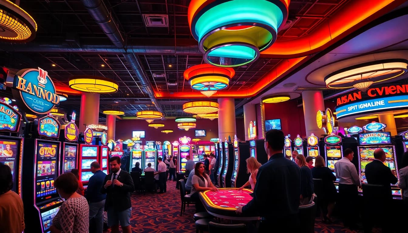 Exciting atmosphere in an online casino with players enjoying various games and vibrant lighting.